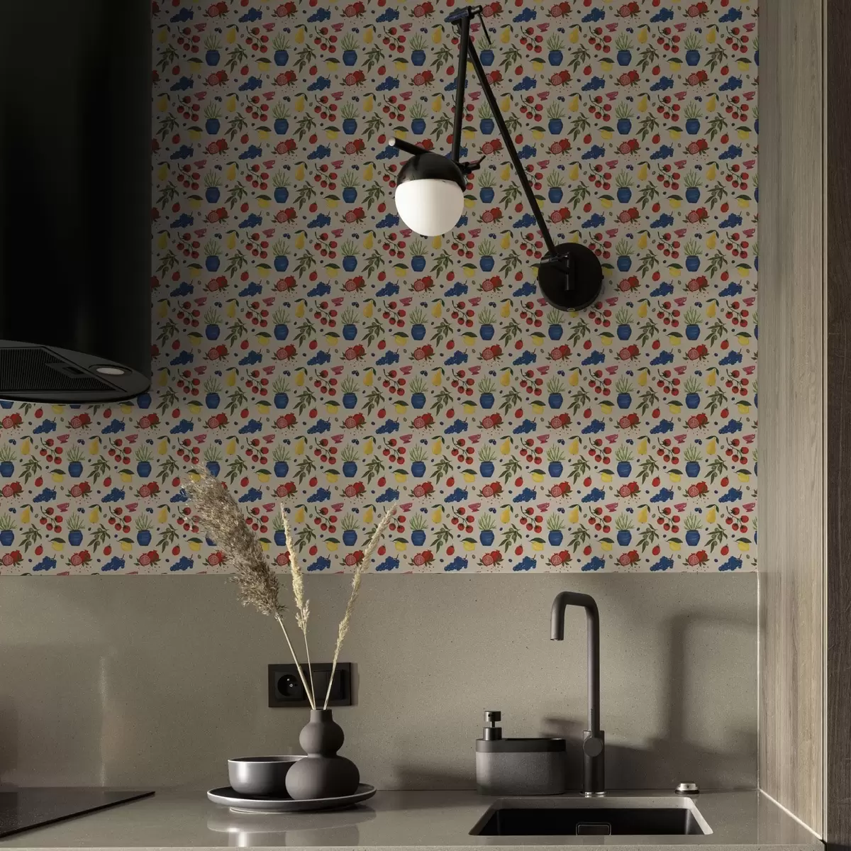 Papier peint Motif éclatant avec des fruits, des branches et des vases a00637