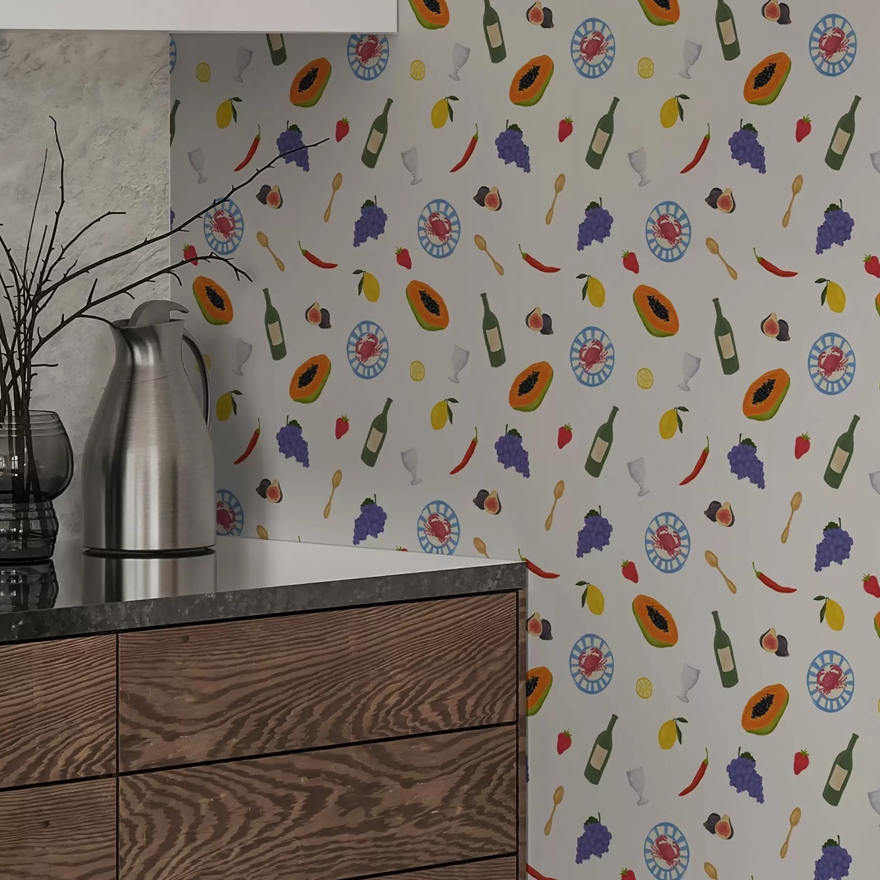 Papier peint photo Fruits, vin et épices disposés sur un fond clair a00639