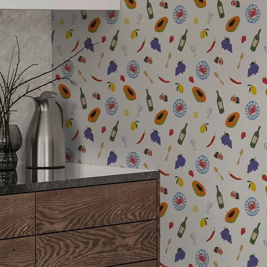 Papier peint photo Fruits, vin et épices disposés sur un fond clair a00639