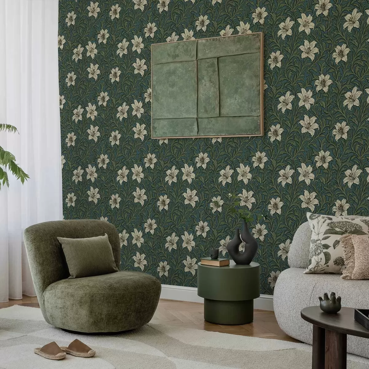 Behang Crèmekleurige lelies tussen dichtgroen gebladerte op een turquoise achtergrond a00645