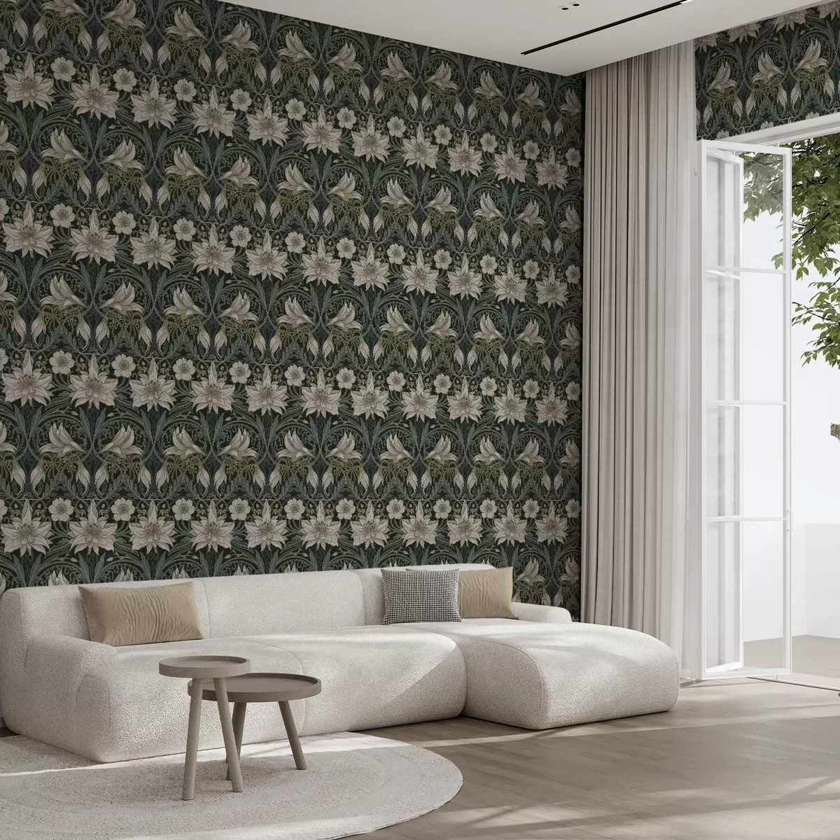 Behang Art Nouveau-compositie met lelies op een donkere achtergrond a00696