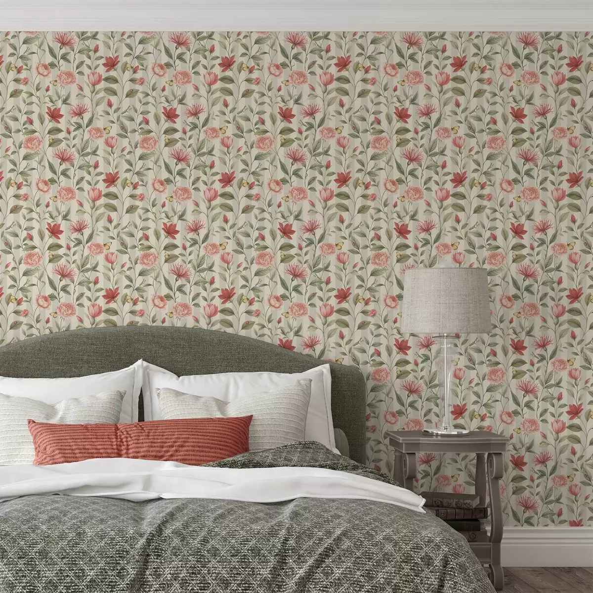 Papier peint Tiges florales avec papillons sur fond clair a00698