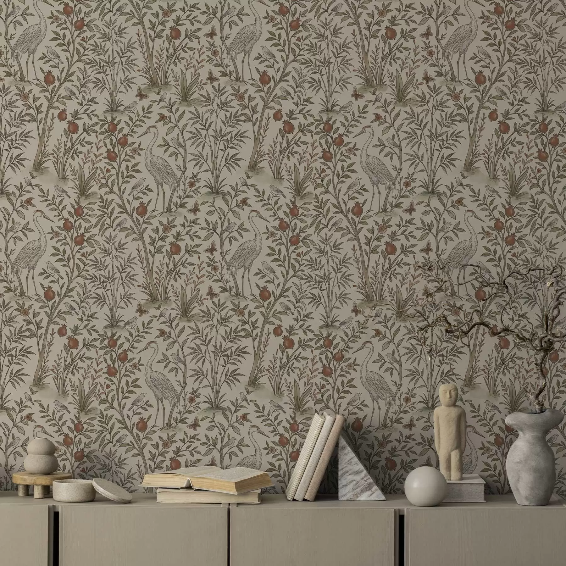 Fotobehang Vogels tussen granaatappelbomen in een natuurlijke omgeving a00699