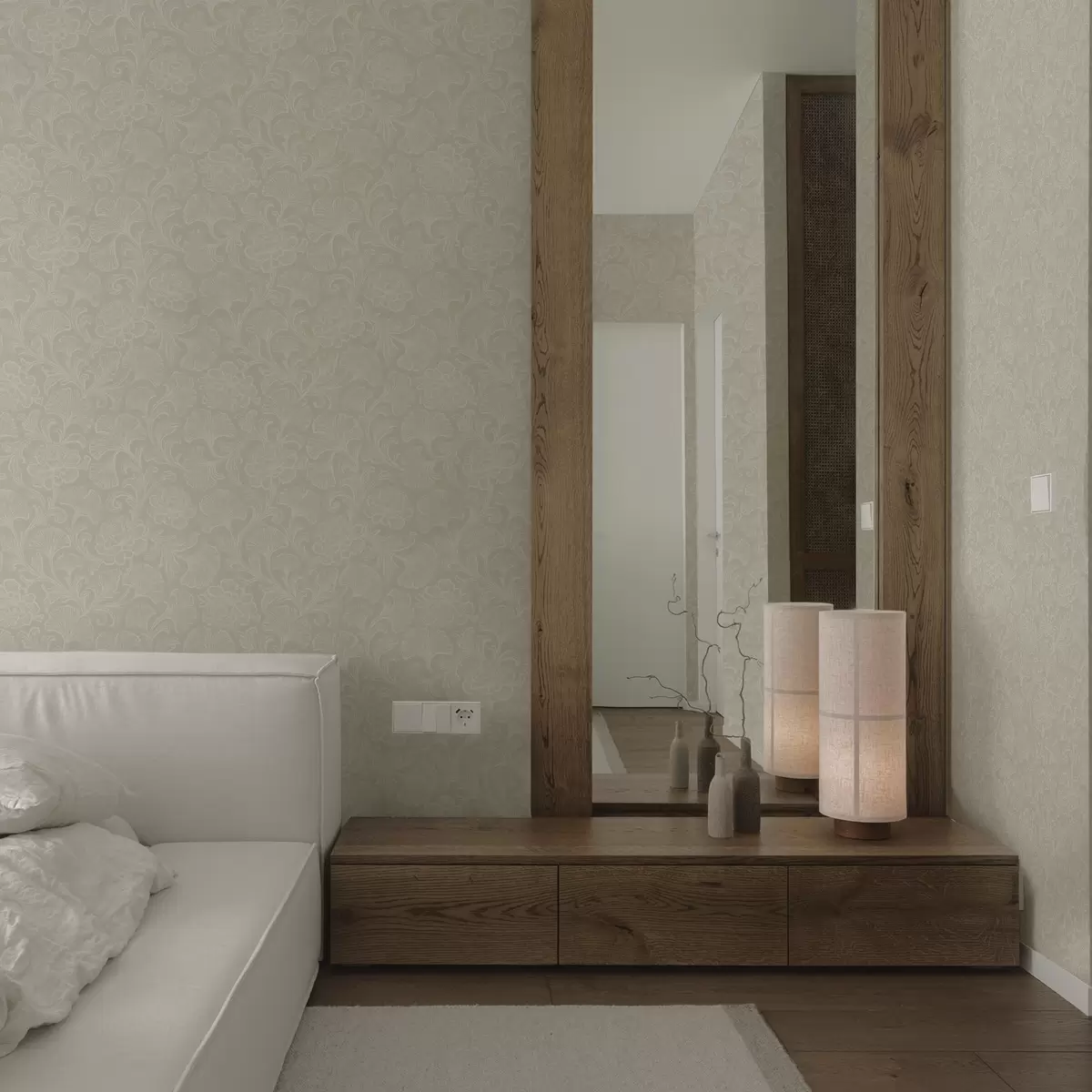 Behang Lichtpatroon met ginkgo en pioenrozen a00700