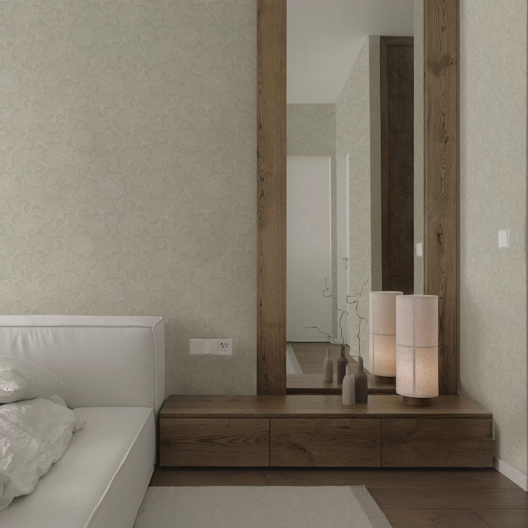 Fotobehang Lichtpatroon met ginkgo en pioenrozen a00700