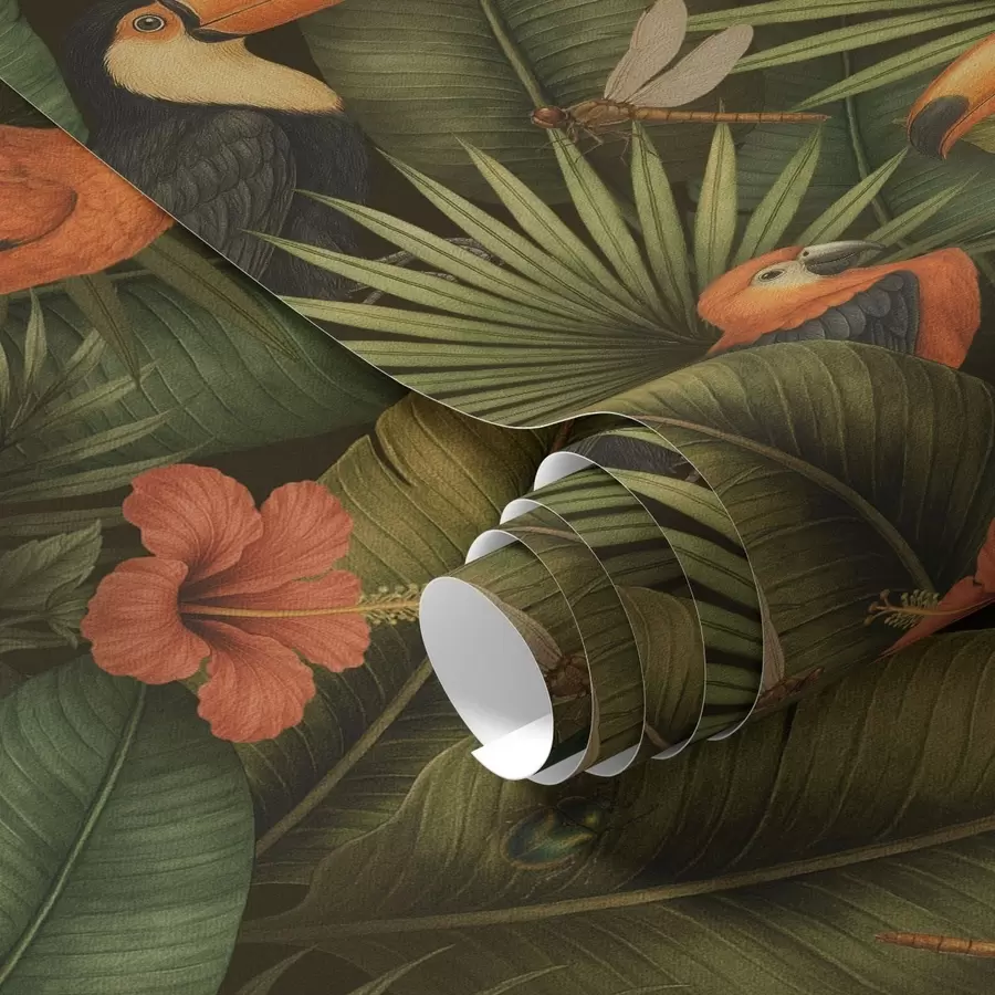 Fotobehang Toekans en papegaaien tussen tropisch gebladerte en bloemen a00702