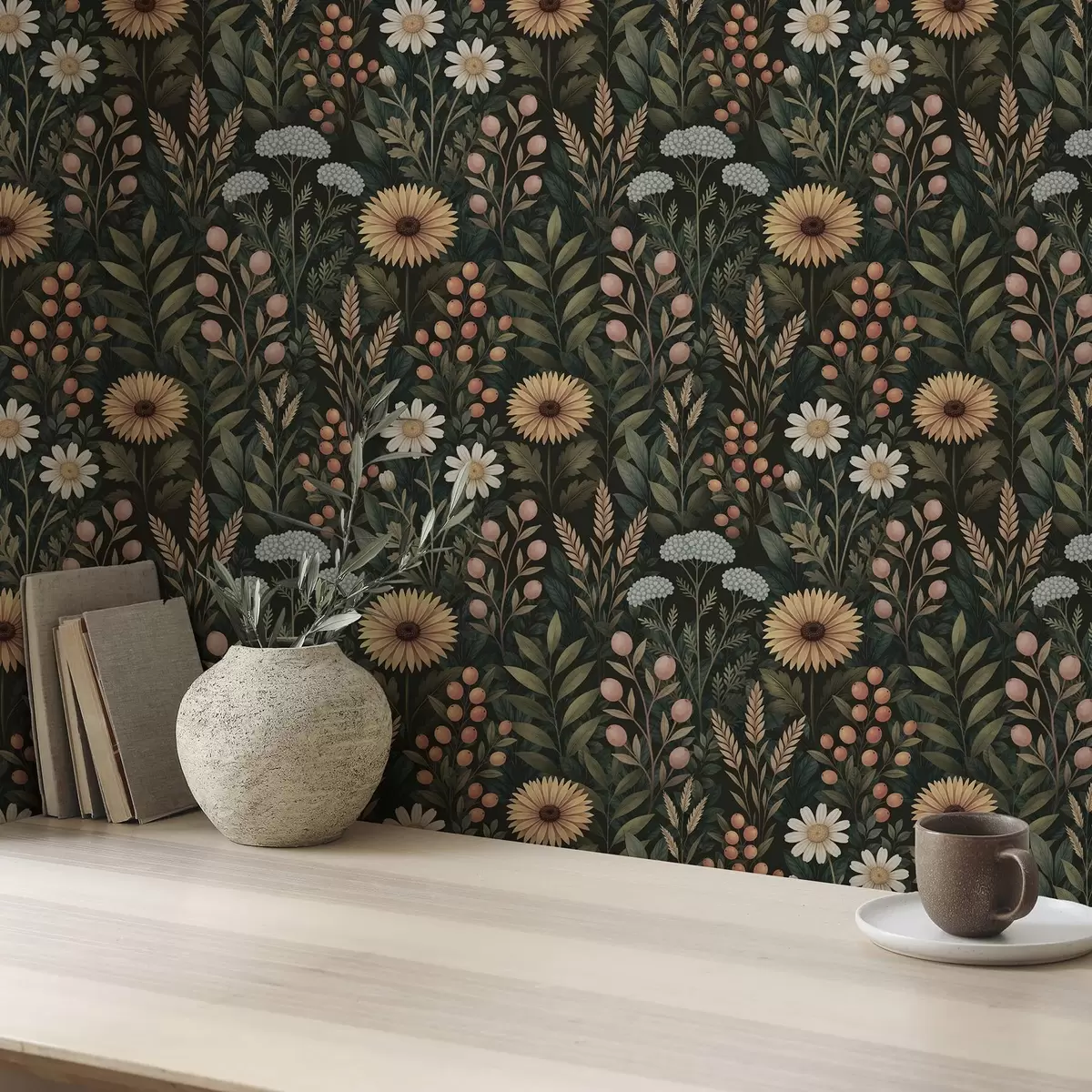 Behang Wilde bloemen en bessen op een donkere achtergrond, natuurlijk ornament a00707