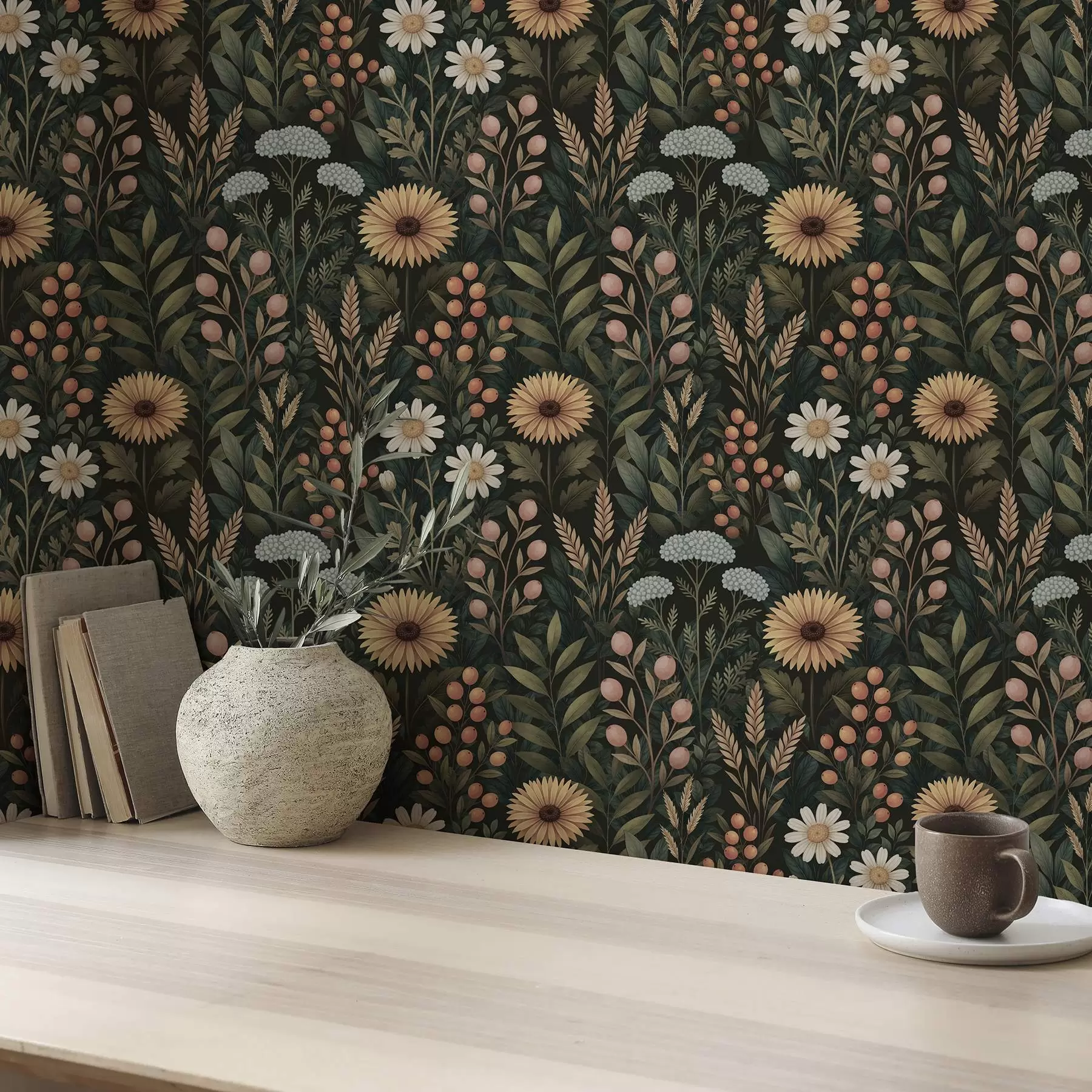 Papier peint photo Fleurs sauvages et baies sur fond sombre, motif naturel a00707