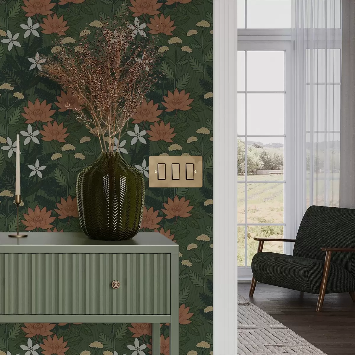 Behang Grote bloemen tussen groen blad, decoratieve compositie a00708