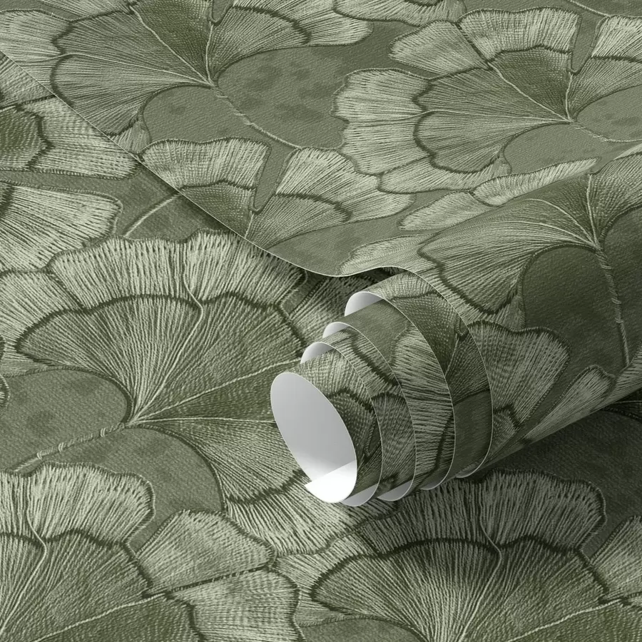 Papier peint photo Motif graphique avec des ginkgos dans une palette de verts froids a00709