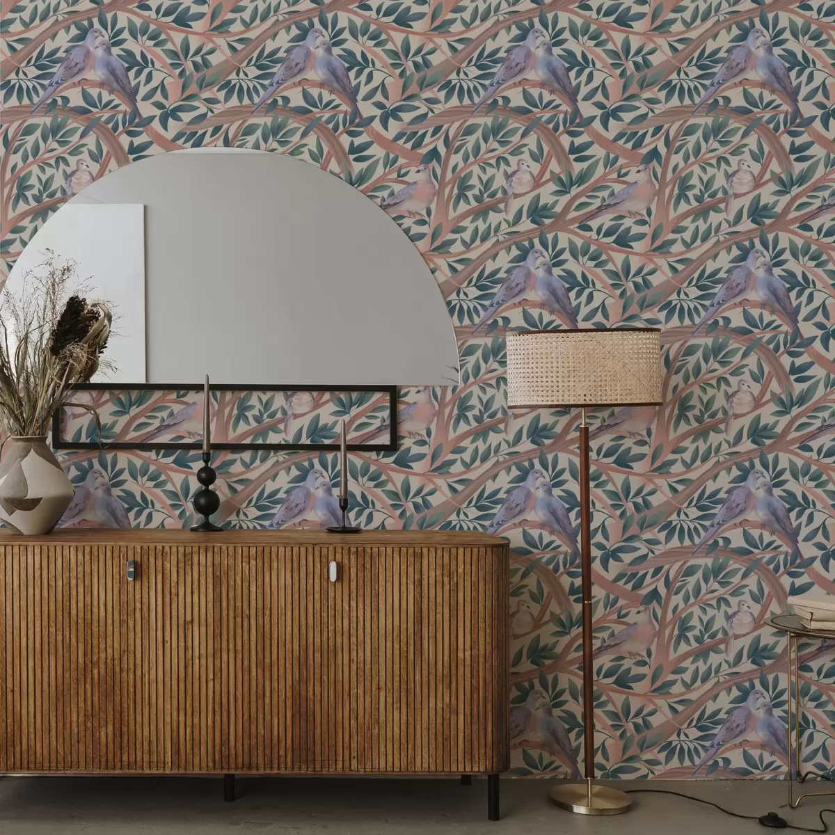 Behang Duiven tussen takken en bladeren in een zacht pastelpalet a00796