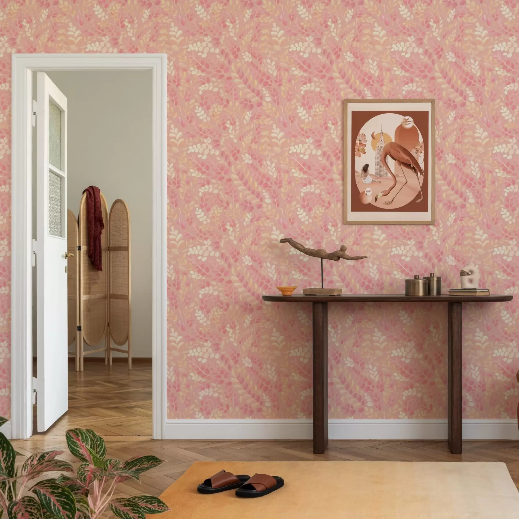 Fotobehang Delicaat roze-perzikkleurig blad met een zachte glans a00799