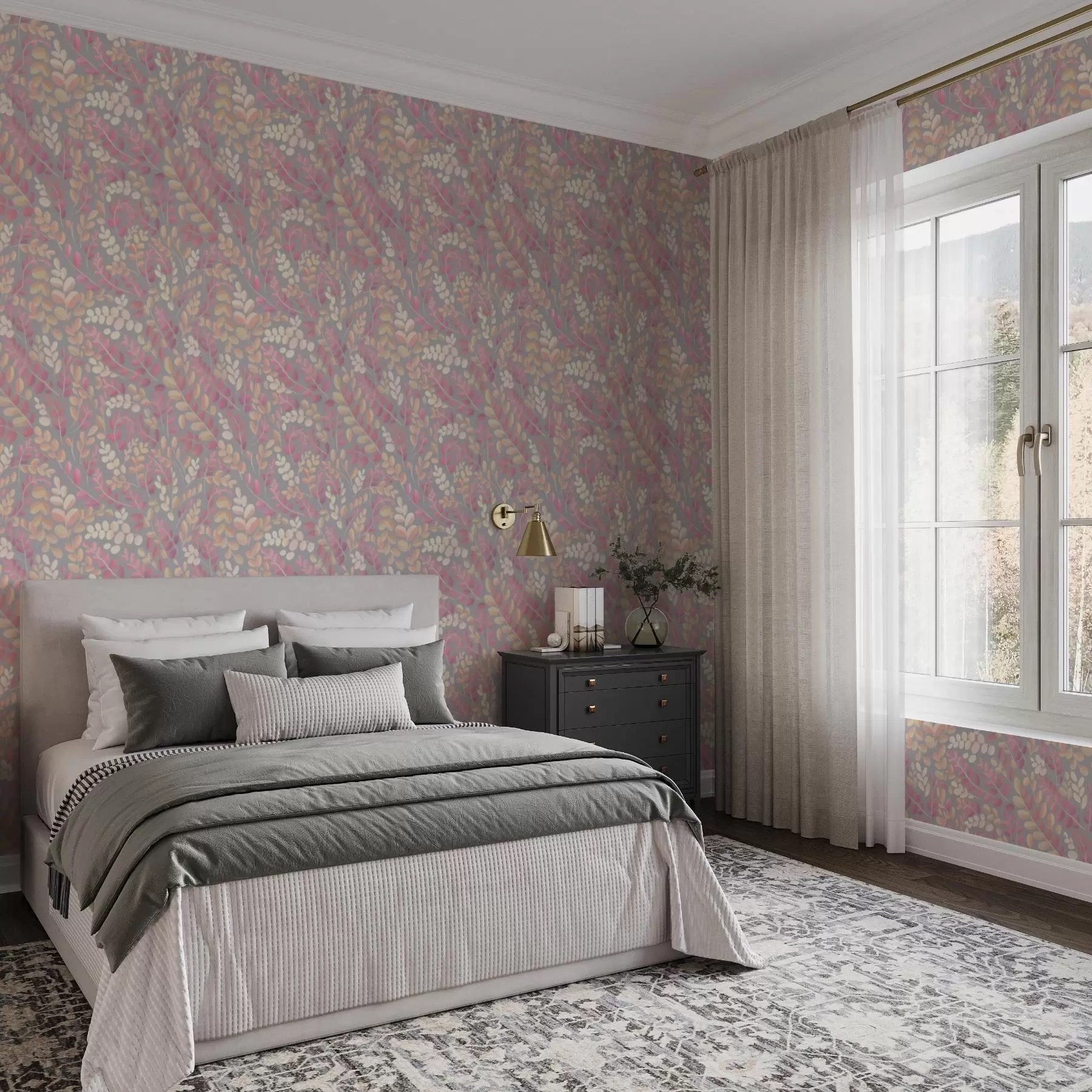 Fotobehang Pastelkleurige takken met roze-perzikkleurig gebladerte op een grijze achtergrond a00799v1