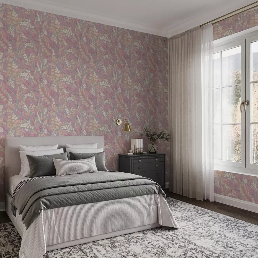 Papier peint photo Branches pastel avec feuillage rose-pêche sur fond gris a00799v1