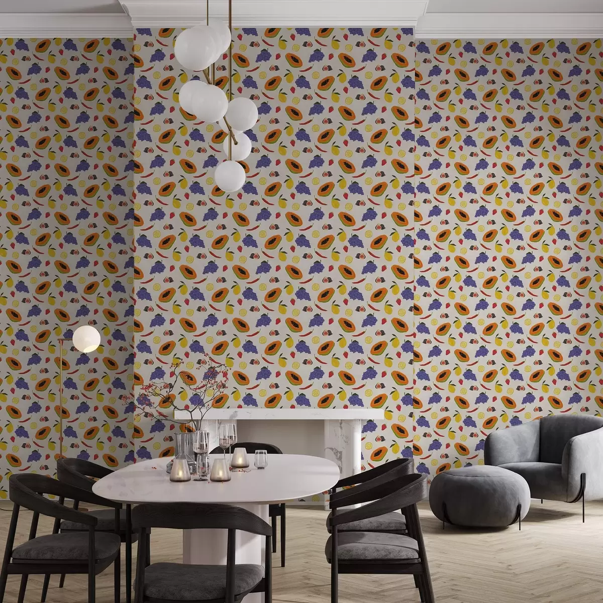 Behang Papaja, druiven en citroenen — een kleurrijke fruitmix a00803