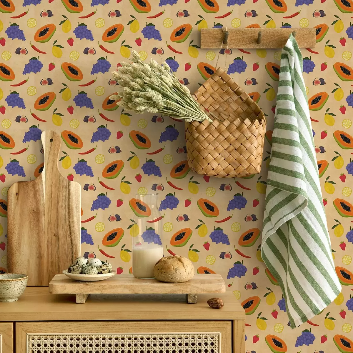 Papier peint Papaye, agrumes et baies sur un fond riche et chaleureux a00803v1