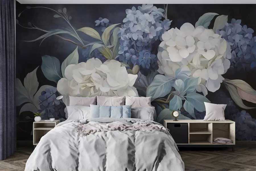 Papier peint photo Peinture texturée bleu foncé imitant des fleurs d'hortensias avec de grandes feuilles, fond abstrait et sombre w09465v1
