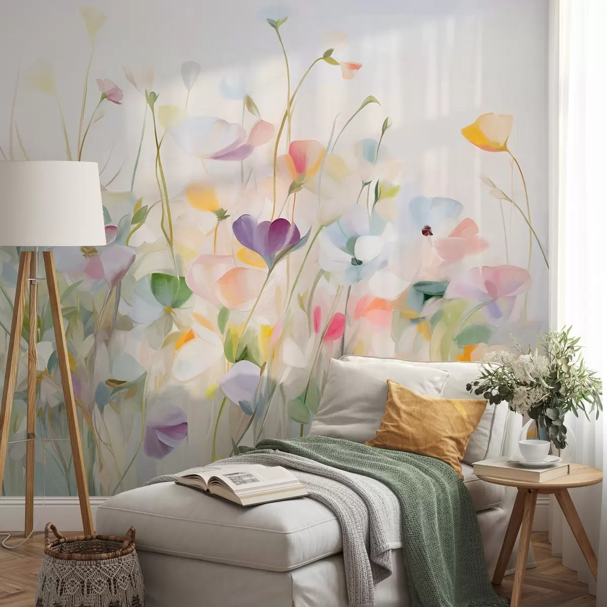 Fotobehang Abstract veld met kleurrijke bloemen met lange stelen en groene bladeren, gestructureerd, pastelkleuren, lichte kleuren w09466