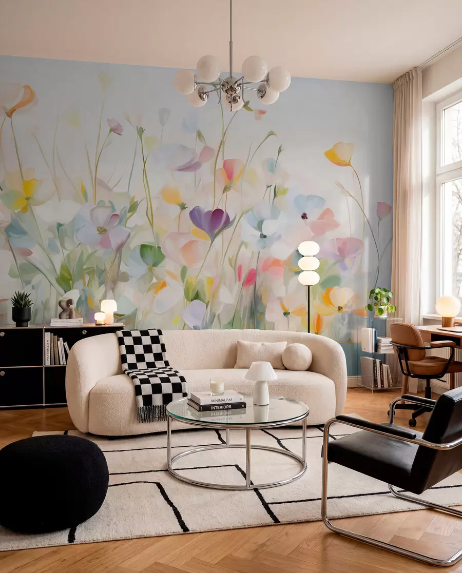 Fotobehang Abstract veld met kleurrijke bloemen met lange stelen en groene bladeren, gestructureerd, pastelkleuren, lichte kleuren w09466