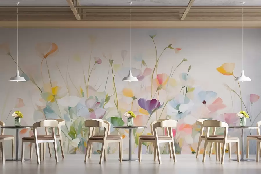 Fotobehang Abstract veld met kleurrijke bloemen met lange stelen en groene bladeren, gestructureerd, pastelkleuren, lichte kleuren w09466