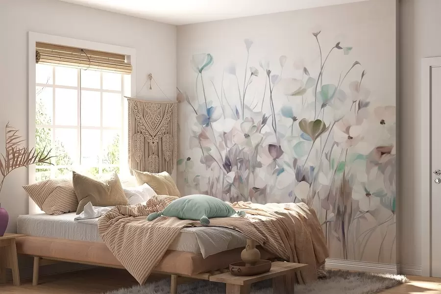 Papier peint photo Champ abstrait de fleurs bleues et brunes avec de longues tiges et feuilles, texturé, couleurs pastel et douces w09466v1