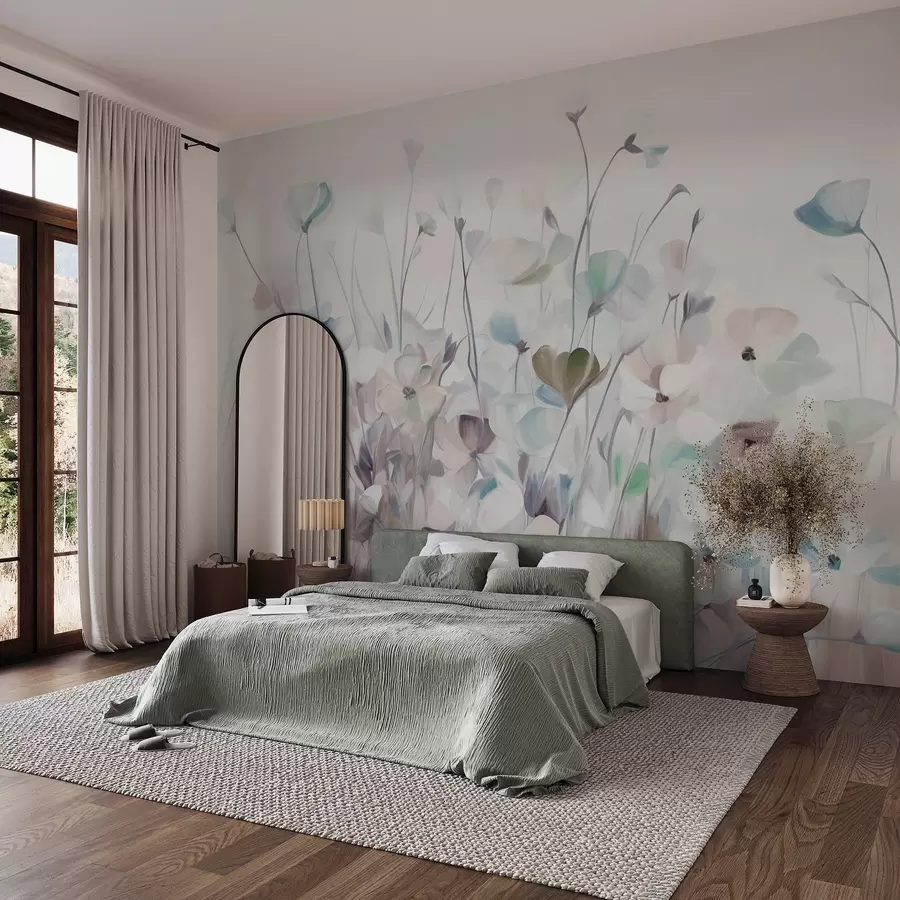 Fotobehang Abstract veld met blauwe en bruine bloemen met lange stelen en bladeren, gestructureerd, pastelkleuren, gedempte kleuren w09466v1