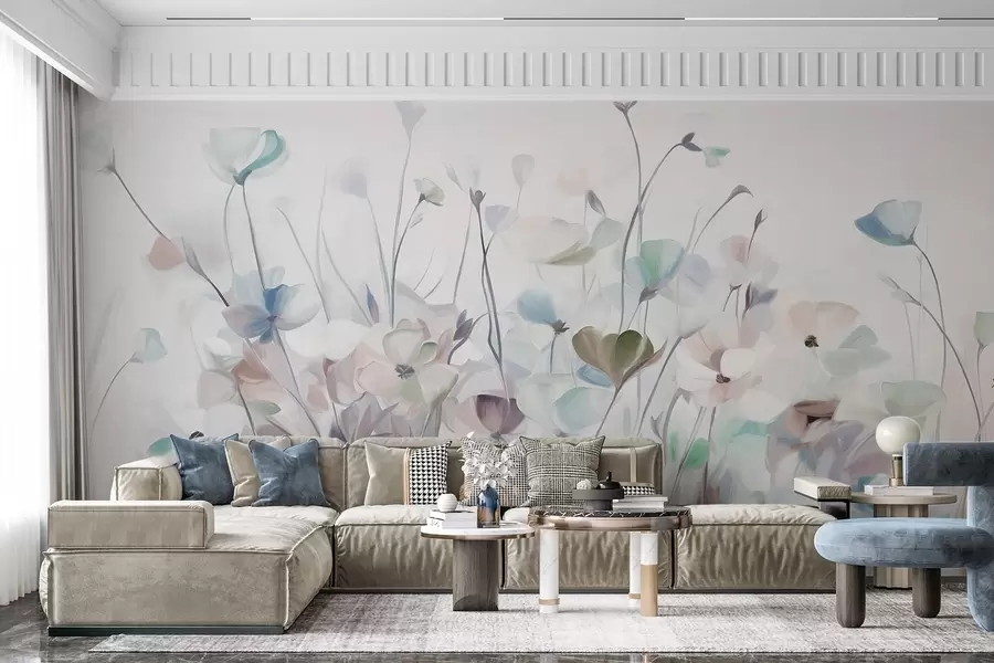Fotobehang Abstract veld met blauwe en bruine bloemen met lange stelen en bladeren, gestructureerd, pastelkleuren, gedempte kleuren w09466v1
