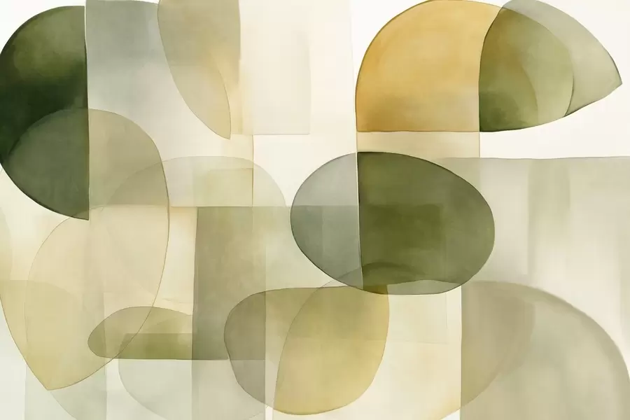 Fotobehang Abstracte vormen met textuur in groene en gele tinten, gedempte kleuren, minimalistische compositie, neutrale achtergrond w09467