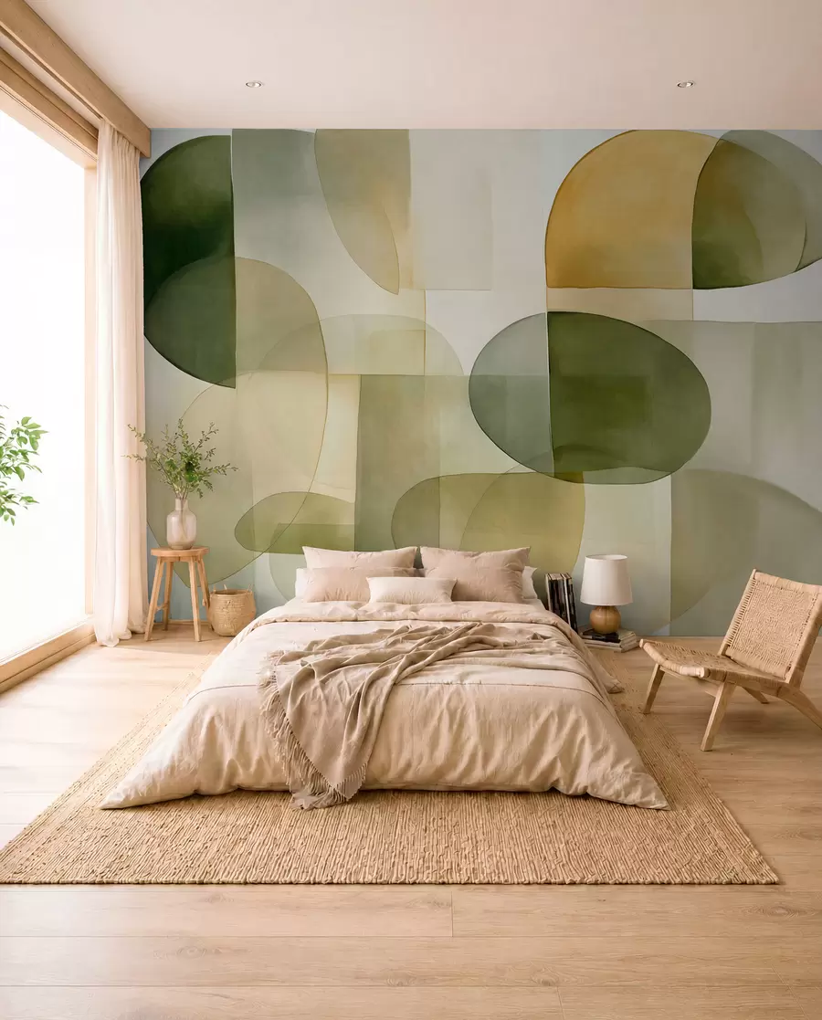 Fotobehang Abstracte vormen met textuur in groene en gele tinten, gedempte kleuren, minimalistische compositie, neutrale achtergrond w09467