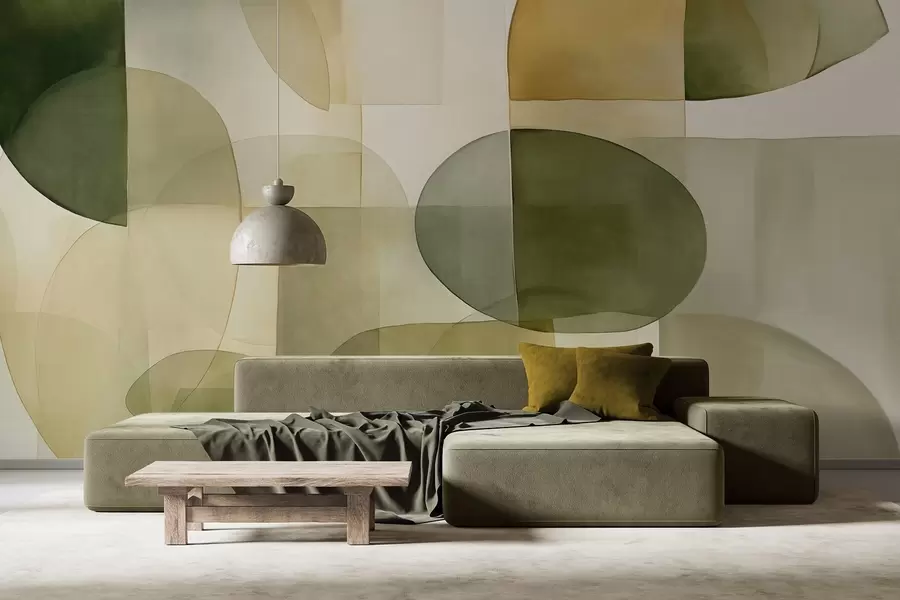 Papier peint photo Formes abstraites texturées dans des tons verts et jaunes, couleurs douces, composition minimaliste, arrière-plan neutre w09467