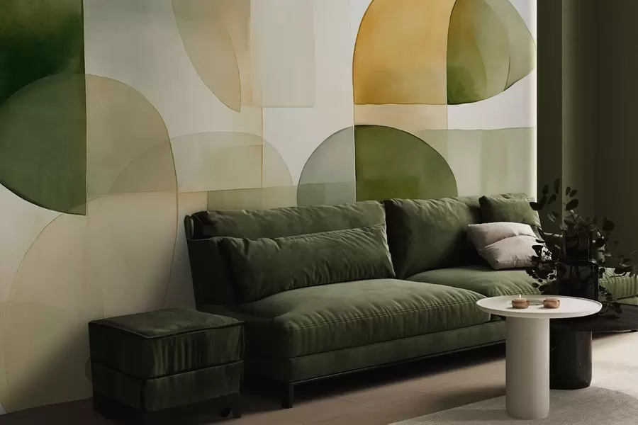 Fotobehang Abstracte vormen met textuur in groene en gele tinten, gedempte kleuren, minimalistische compositie, neutrale achtergrond w09467