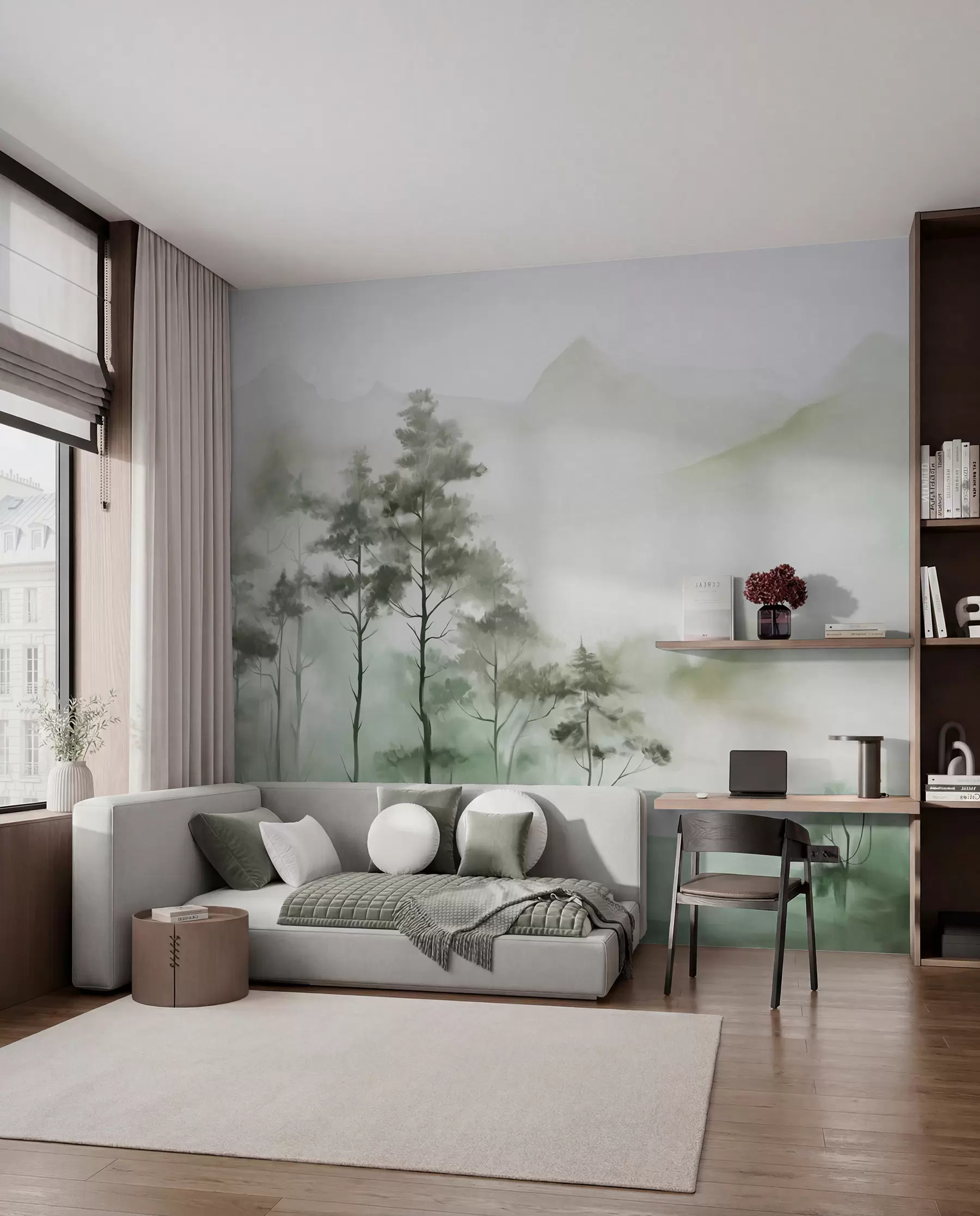 Fotobehang Mistig landschap met hoge bomen en bergen in gedempte groene en grijze tinten, minimalistische stijl, met textuur w09469