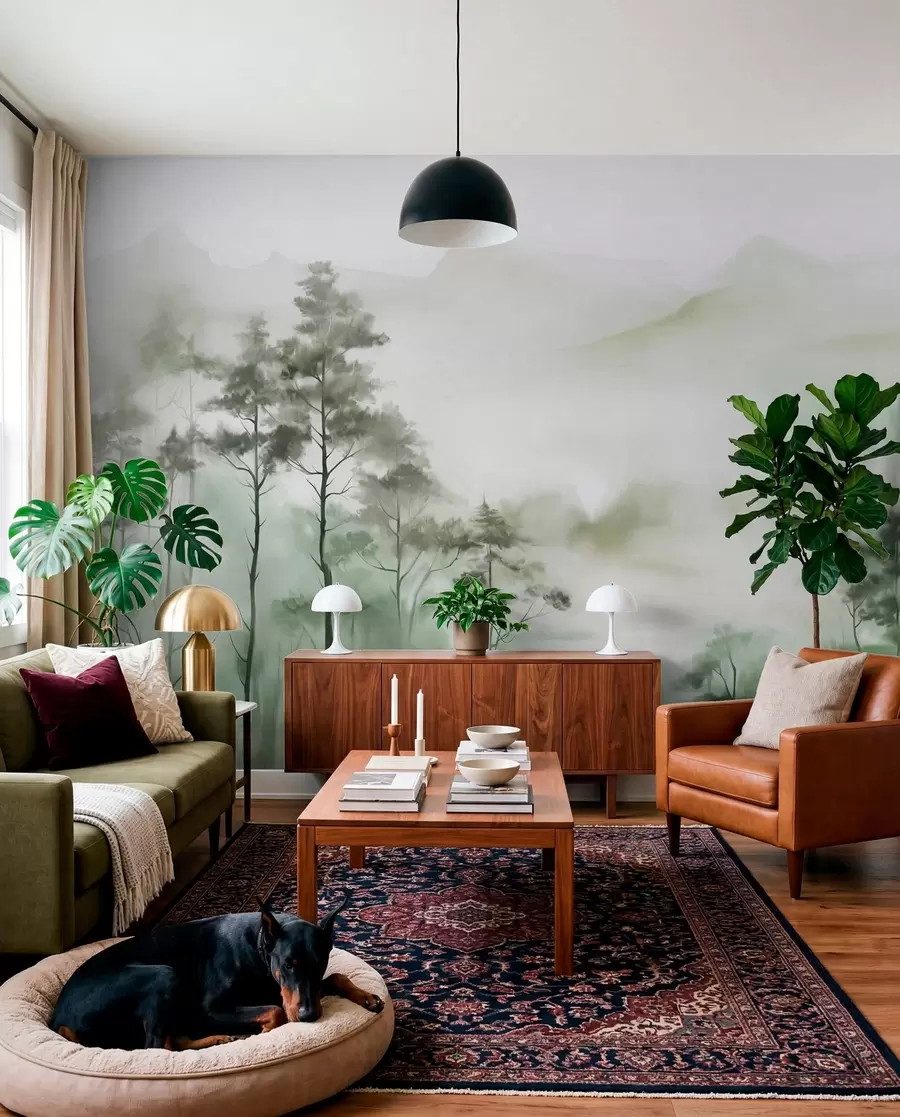 Fotobehang Mistig landschap met hoge bomen en bergen in gedempte groene en grijze tinten, minimalistische stijl, met textuur w09469