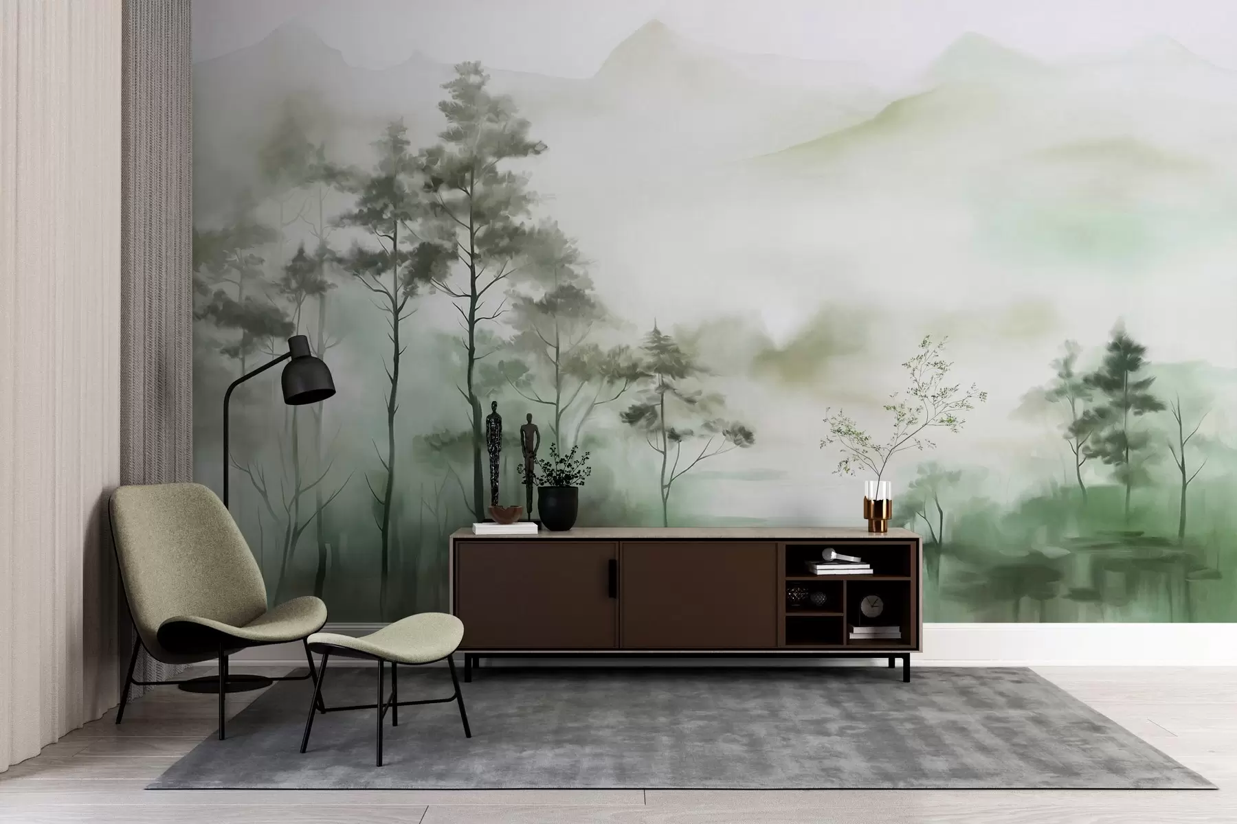 Fotobehang Mistig landschap met hoge bomen en bergen in gedempte groene en grijze tinten, minimalistische stijl, met textuur w09469