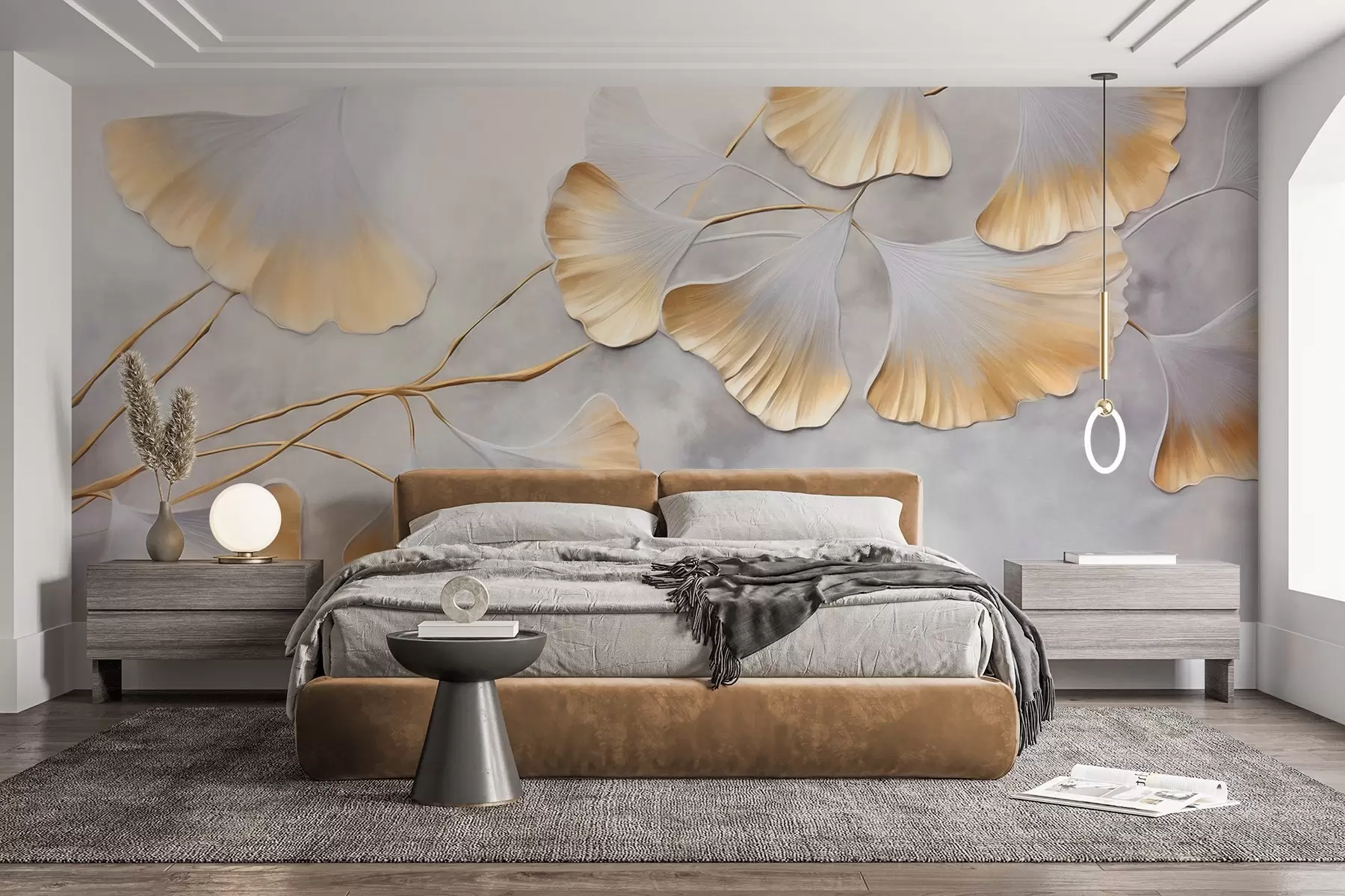 Papier peint photo Feuilles de ginkgo biloba aux bords jaunes sur une branche, fond texturé gris, design élégant et minimaliste w09472
