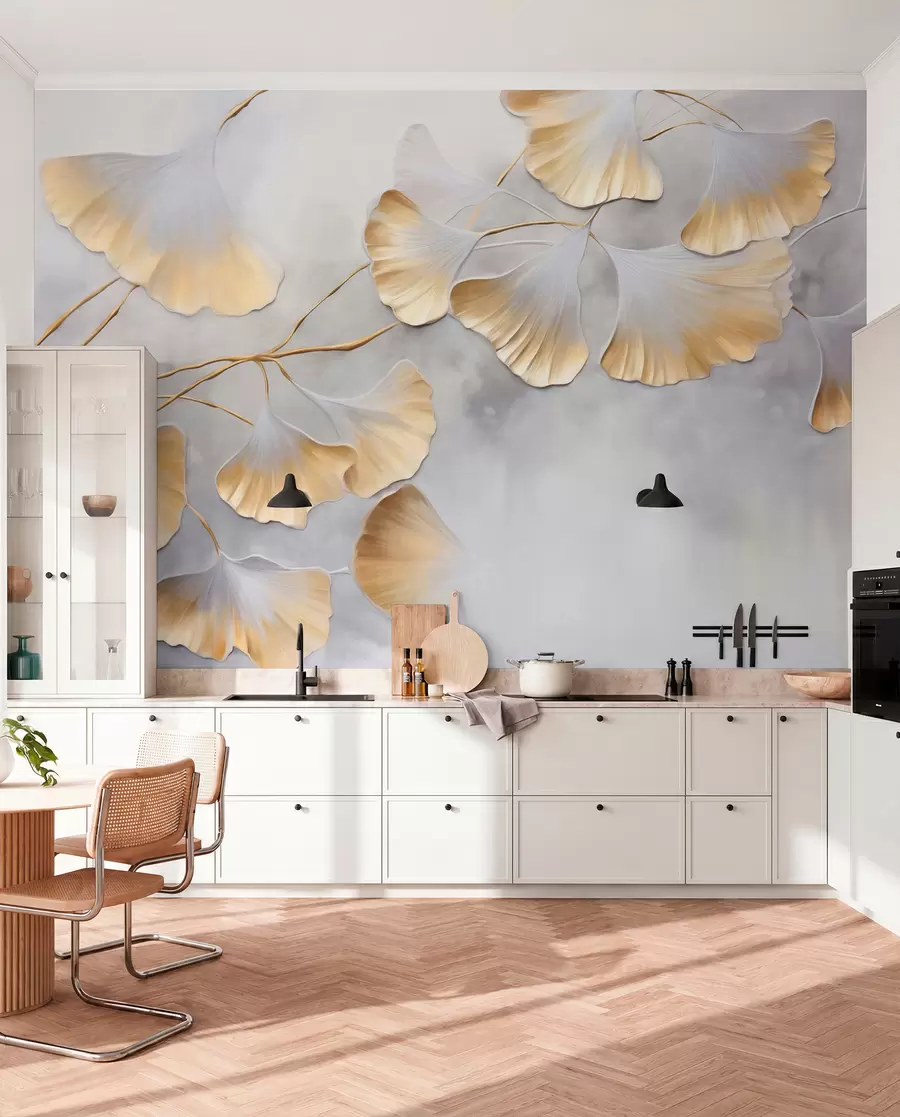 Papier peint photo Feuilles de ginkgo biloba aux bords jaunes sur une branche, fond texturé gris, design élégant et minimaliste w09472