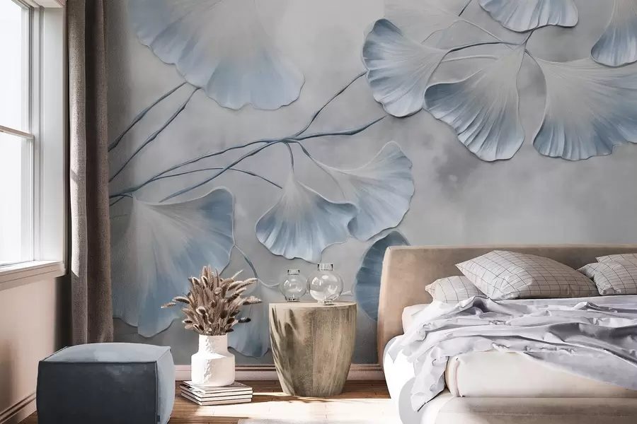 Papier peint photo Feuilles de ginkgo biloba aux bords bleus sur une branche, fond texturé gris, design élégant et minimaliste w09472v1