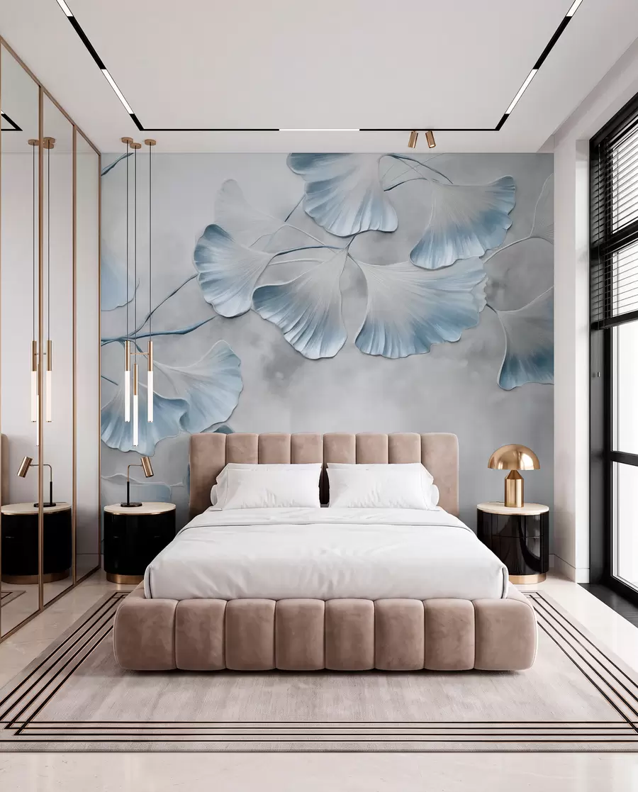 Fotobehang Ginkgo biloba-bladeren met blauwe randen op een tak, grijze gestructureerde achtergrond, elegant en minimalistisch ontwerp w09472v1