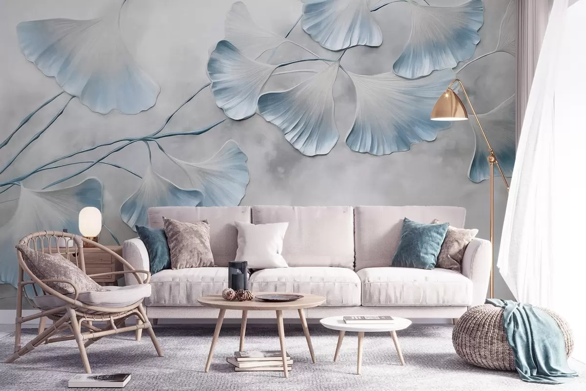 Fotobehang Ginkgo biloba-bladeren met blauwe randen op een tak, grijze gestructureerde achtergrond, elegant en minimalistisch ontwerp w09472v1