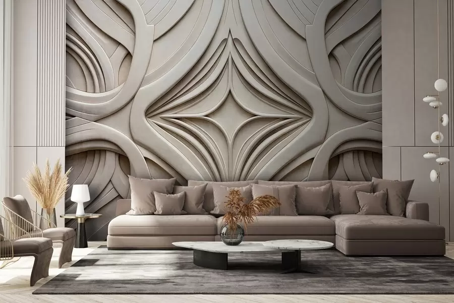 Fotobehang Abstracte symmetrische geometrische print met textuur, lichtbeige kleur, art-decostijl, gedetailleerde details w09473