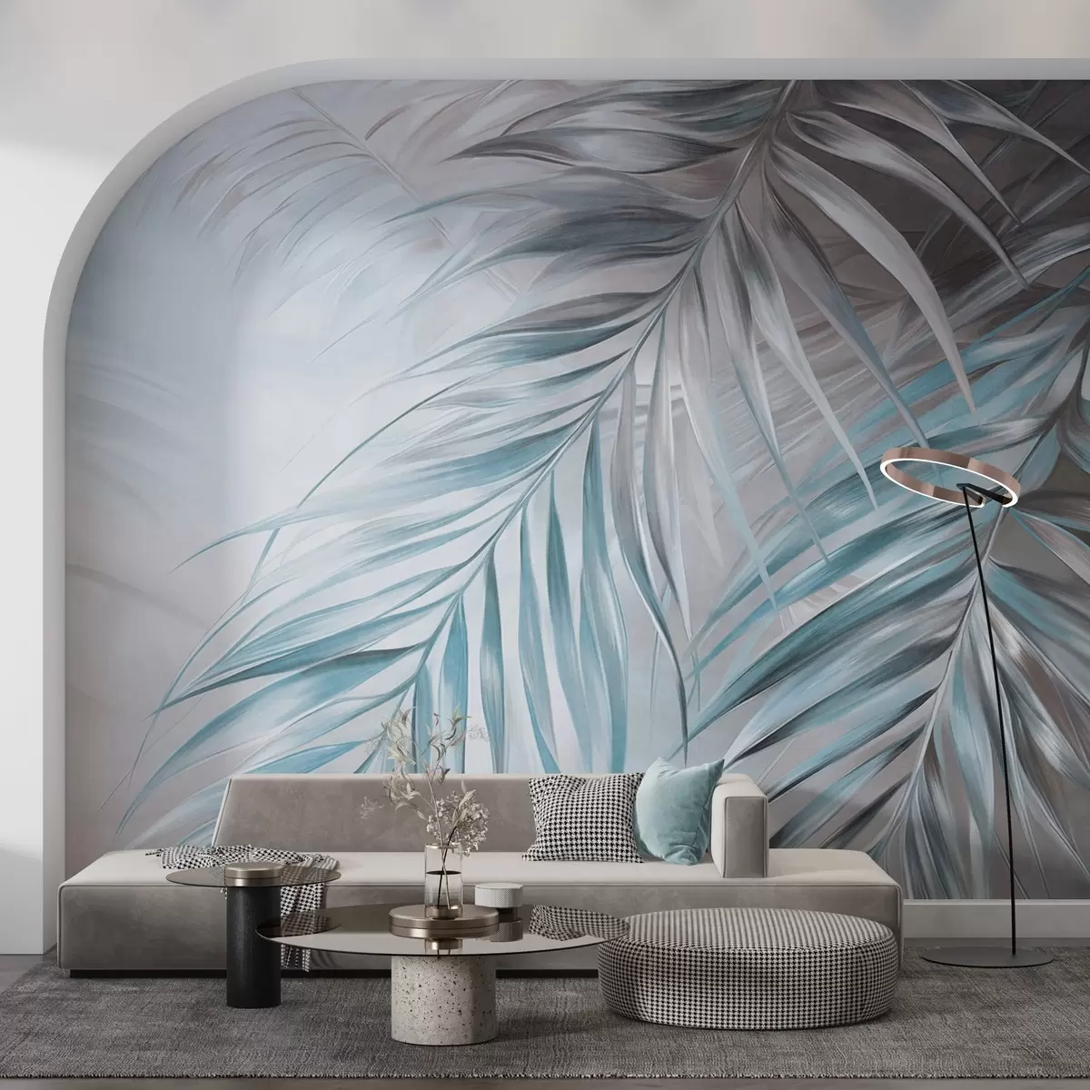 Fotobehang Palmbladeren met grijze en blauwe tinten, lichte gestructureerde achtergrond met zachte kleuren, elegante tropische stijl w09475v1