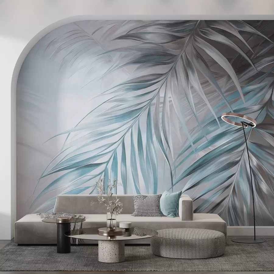 Fotobehang Palmbladeren met grijze en blauwe tinten, lichte gestructureerde achtergrond met zachte kleuren, elegante tropische stijl w09475v1
