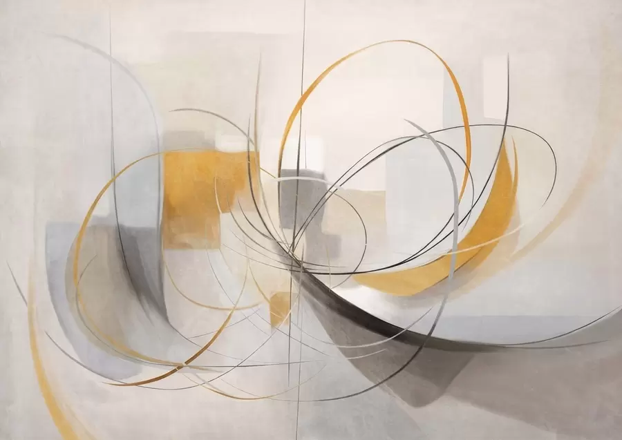 Papier peint photo Peinture moderne abstraite texturée avec des lignes courbes et des formes géométriques dans des tons de gris, blanc et orange w09476