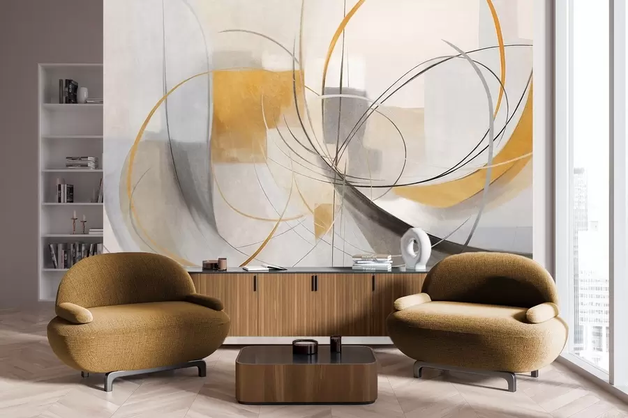 Fotobehang Abstracte, gestructureerde moderne schilderstijl met gebogen lijnen en geometrische vormen in grijstinten, wit en oranje w09476