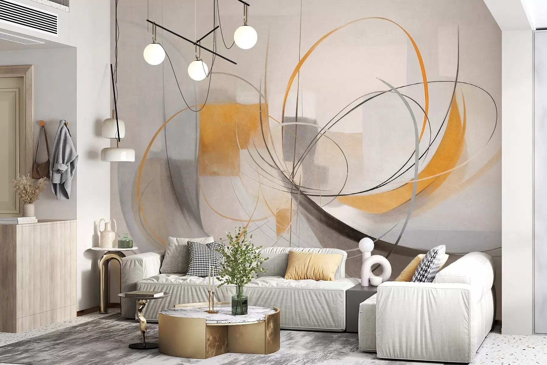 Fotobehang Abstracte, gestructureerde moderne schilderstijl met gebogen lijnen en geometrische vormen in grijstinten, wit en oranje w09476
