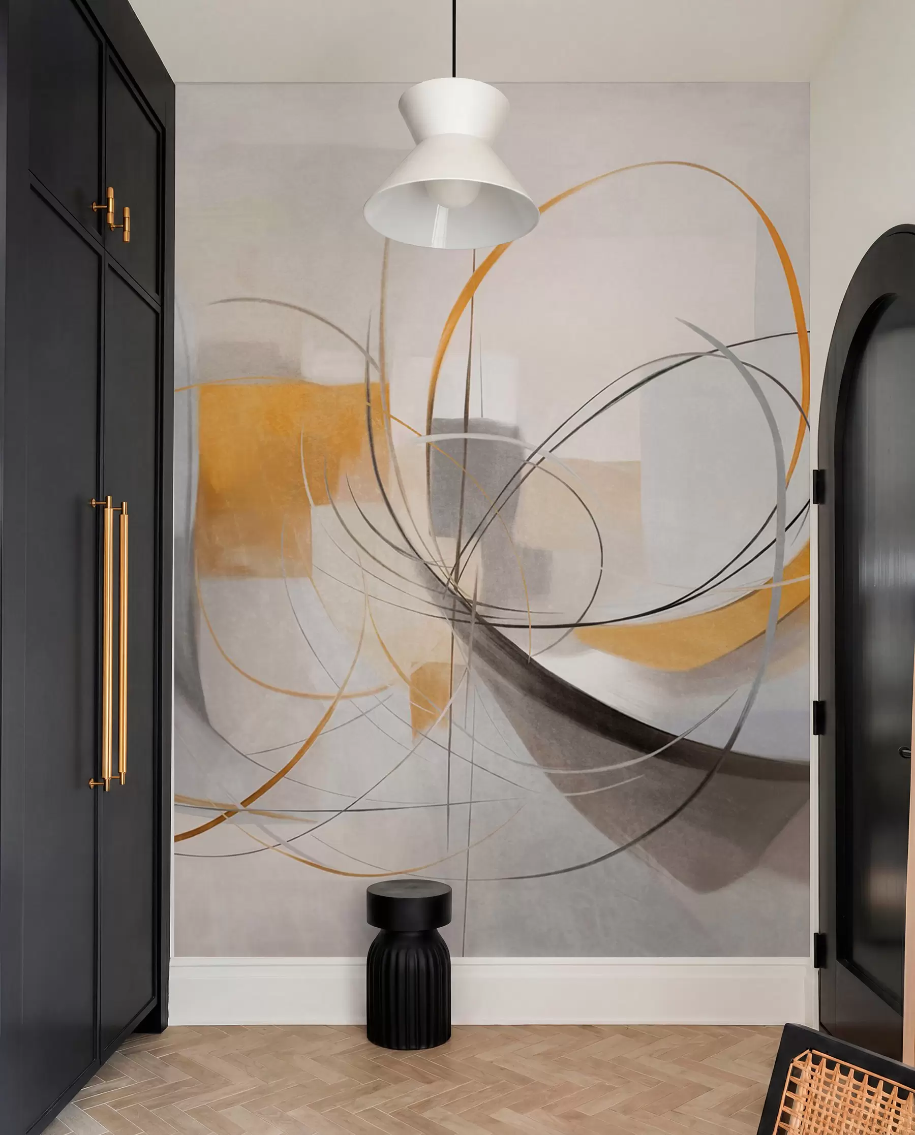 Fotobehang Abstracte, gestructureerde moderne schilderstijl met gebogen lijnen en geometrische vormen in grijstinten, wit en oranje w09476