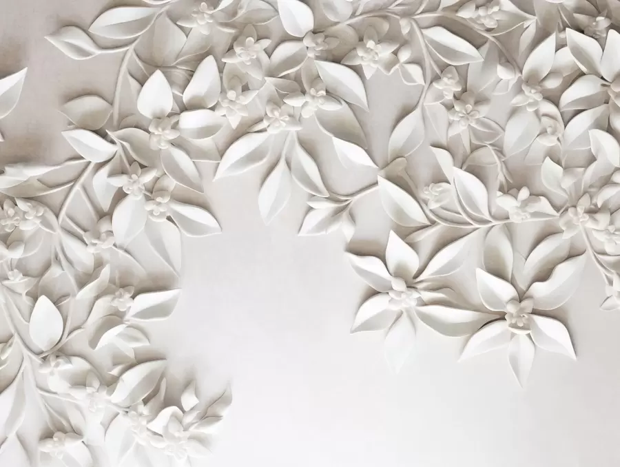 Papier peint photo Fleurs et feuilles blanches texturées, composition florale, design élégant, style minimaliste, art décoratif w09479