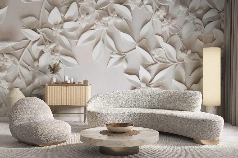 Fotobehang Witte bloemen en bladeren met textuur, bloemstuk, elegant ontwerp, minimalistische stijl, decoratieve kunst w09479