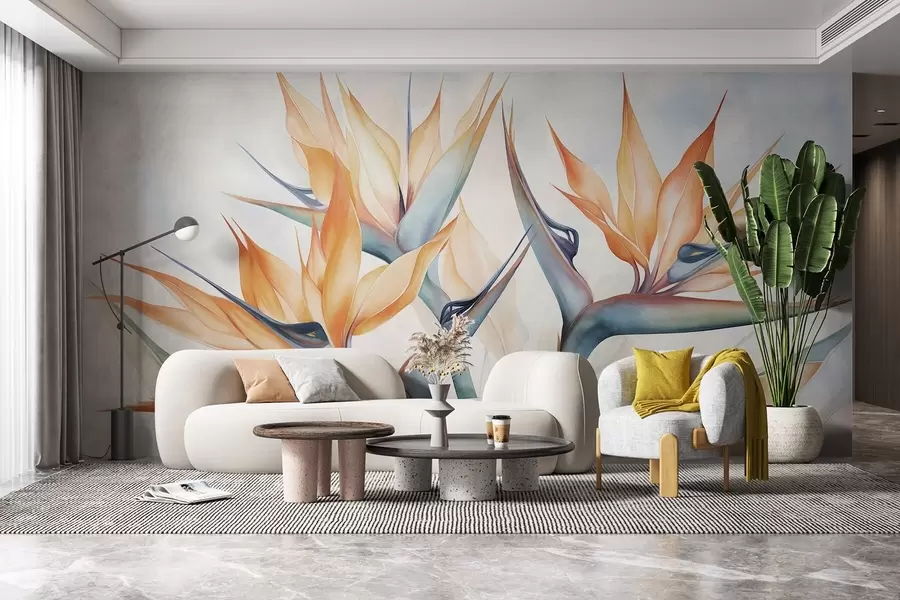 Fotobehang Paradijsvogelbloem, strelitzia met oranje bloemblaadjes, zachte aquareltextuur, lichte achtergrond w09483