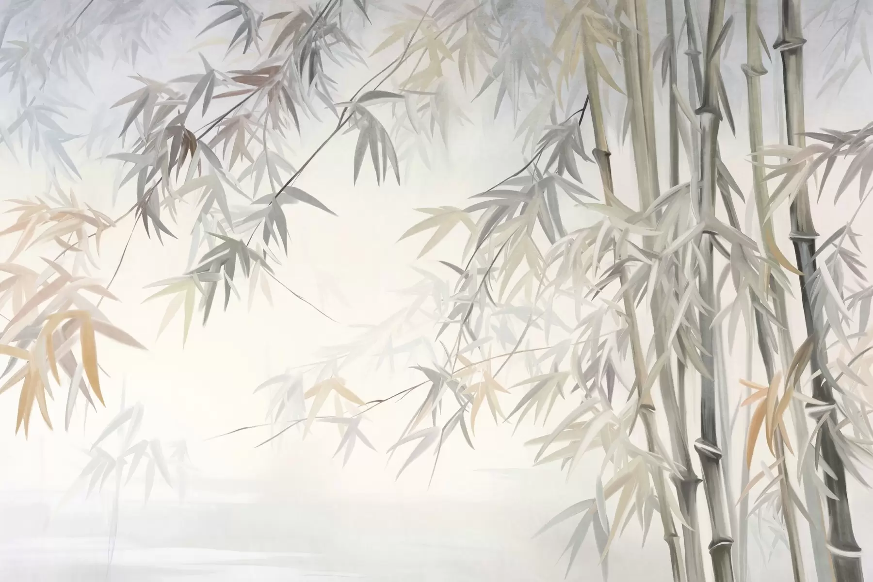 Fotobehang Getextureerde bamboestengels en bladeren in een zacht, ingetogen kleurenpalet van grijs, wit en crème, minimalistische compositie w09485